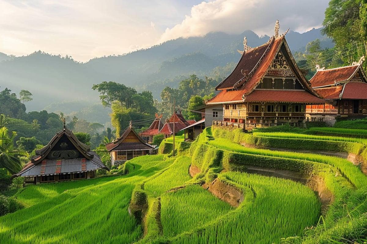 Tana Toraja, Sulawesi Selatan: Rumah adat Tongkonan dengan latar belakang perbukitan hijau.